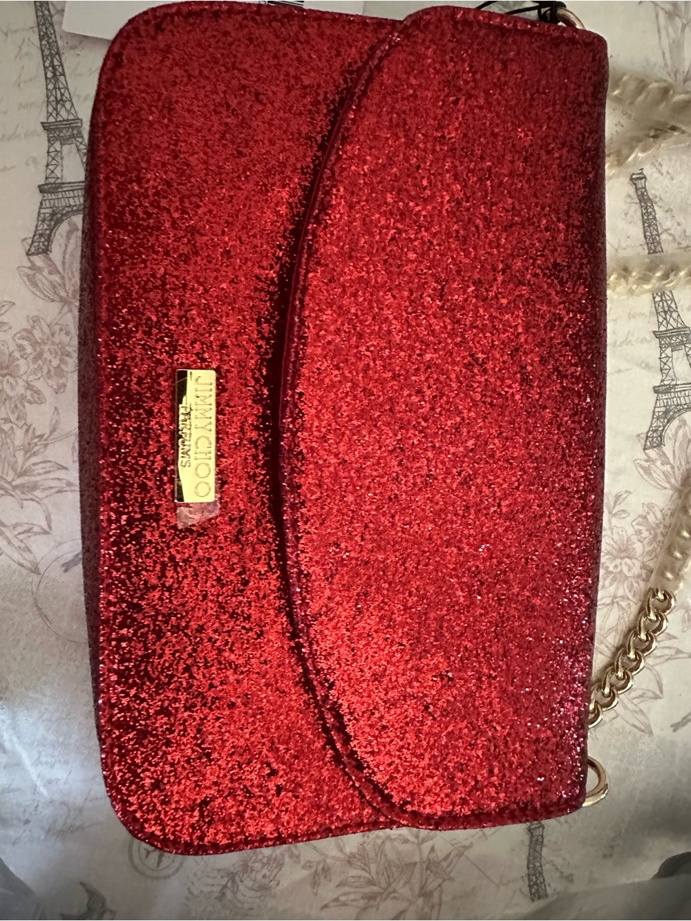 Jimmy Choo Red Glitter Crossbody Bag with Gold Chain. New